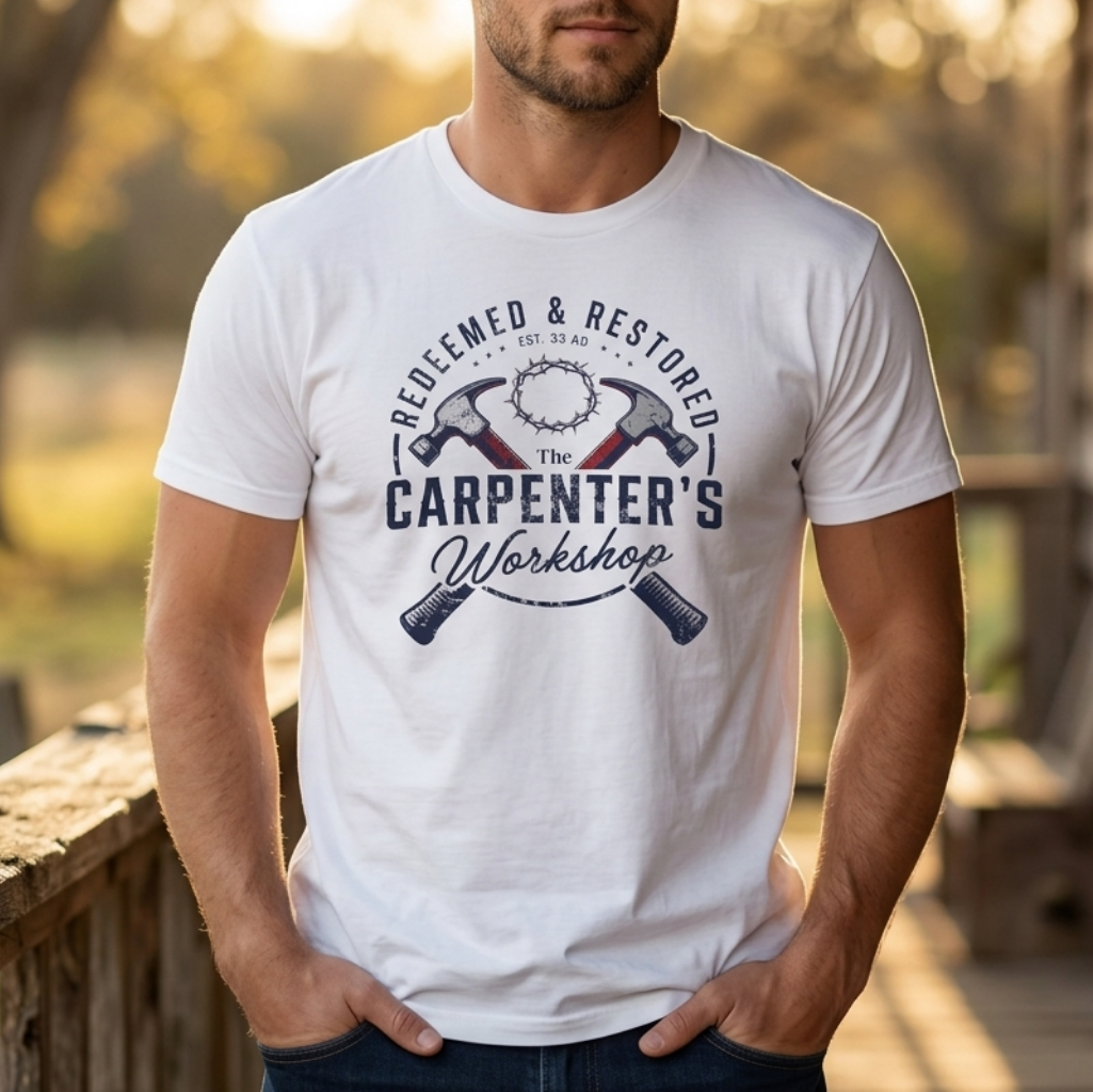 Redeemed & restored - the carpenter's workshop T-shirt