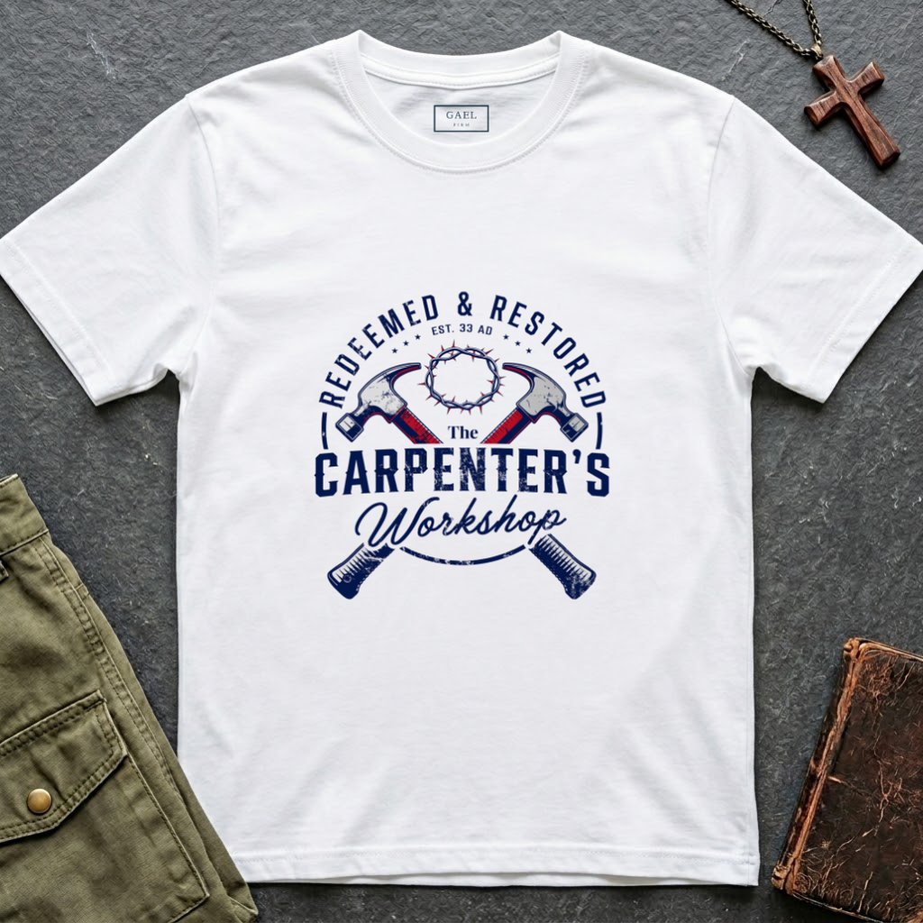 Redeemed & restored - the carpenter's workshop T-shirt