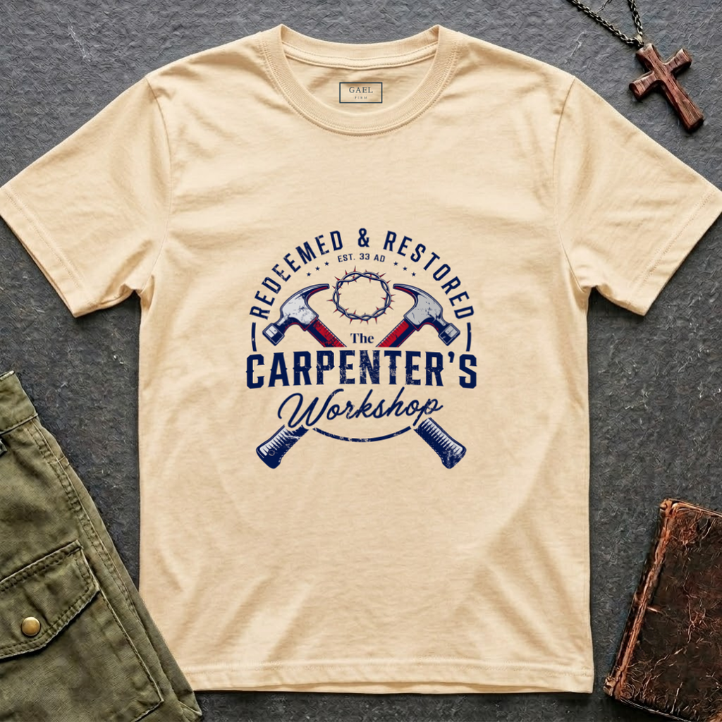 Redeemed & restored - the carpenter's workshop T-shirt