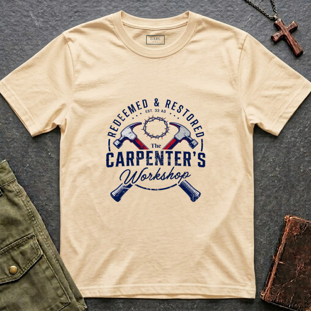 Redeemed & restored - the carpenter's workshop T-shirt